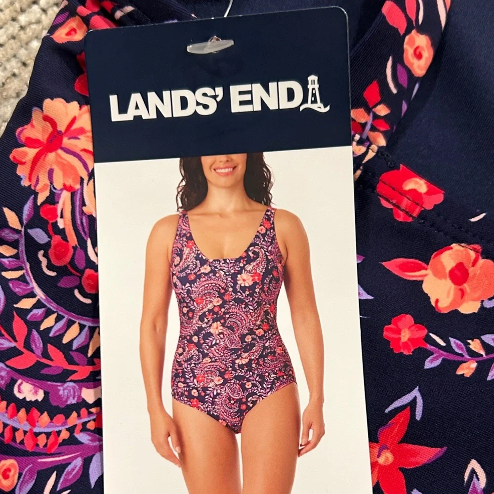 Lands' End Navy One-Piece Swimsuit with Pink & Coral Floral Paisley XS